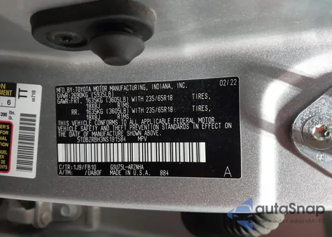 2022 Toyota Highlander Le z USA, uszkodzony, nr VIN 5TDBZRBH3NS191584